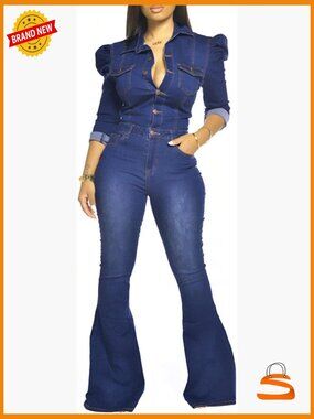 Lapel Button Down Denim Jumpsuit Romper Overalls Slim Fit